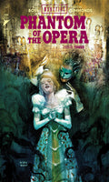 Comic book cover of 'Phantom of the Opera' with a couple in masks and costumes.