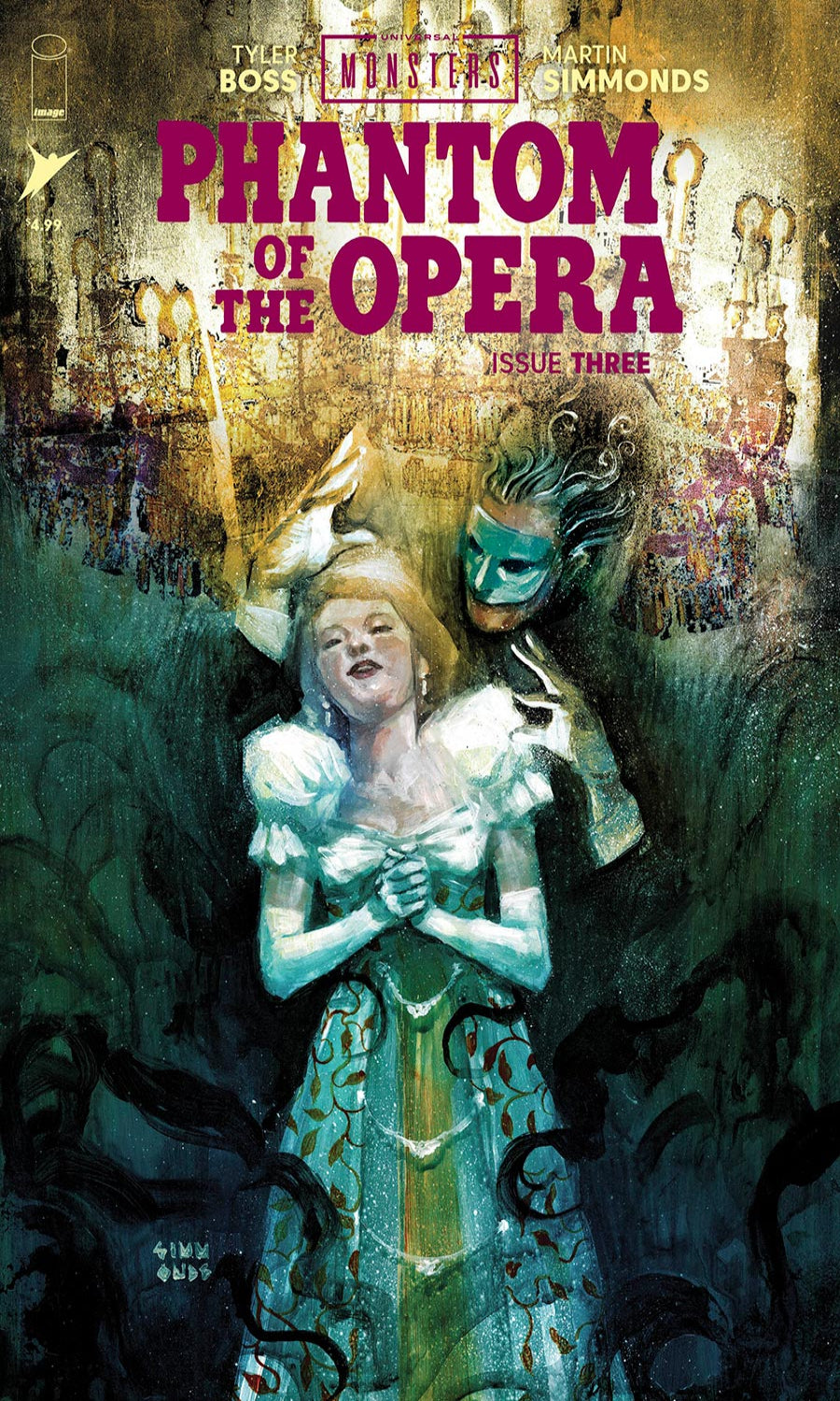 Comic book cover of 'Phantom of the Opera' with a couple in masks and costumes.