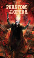 Comic book cover of 'Phantom of the Opera' with a fiery background and character in a dark outfit.