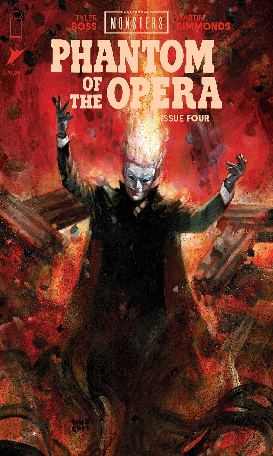 Comic book cover of 'Phantom of the Opera' with a fiery background and character in a dark outfit.