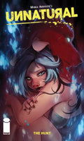 Comic book cover of 'Unnatural' with a character in a red hood and blue hair.