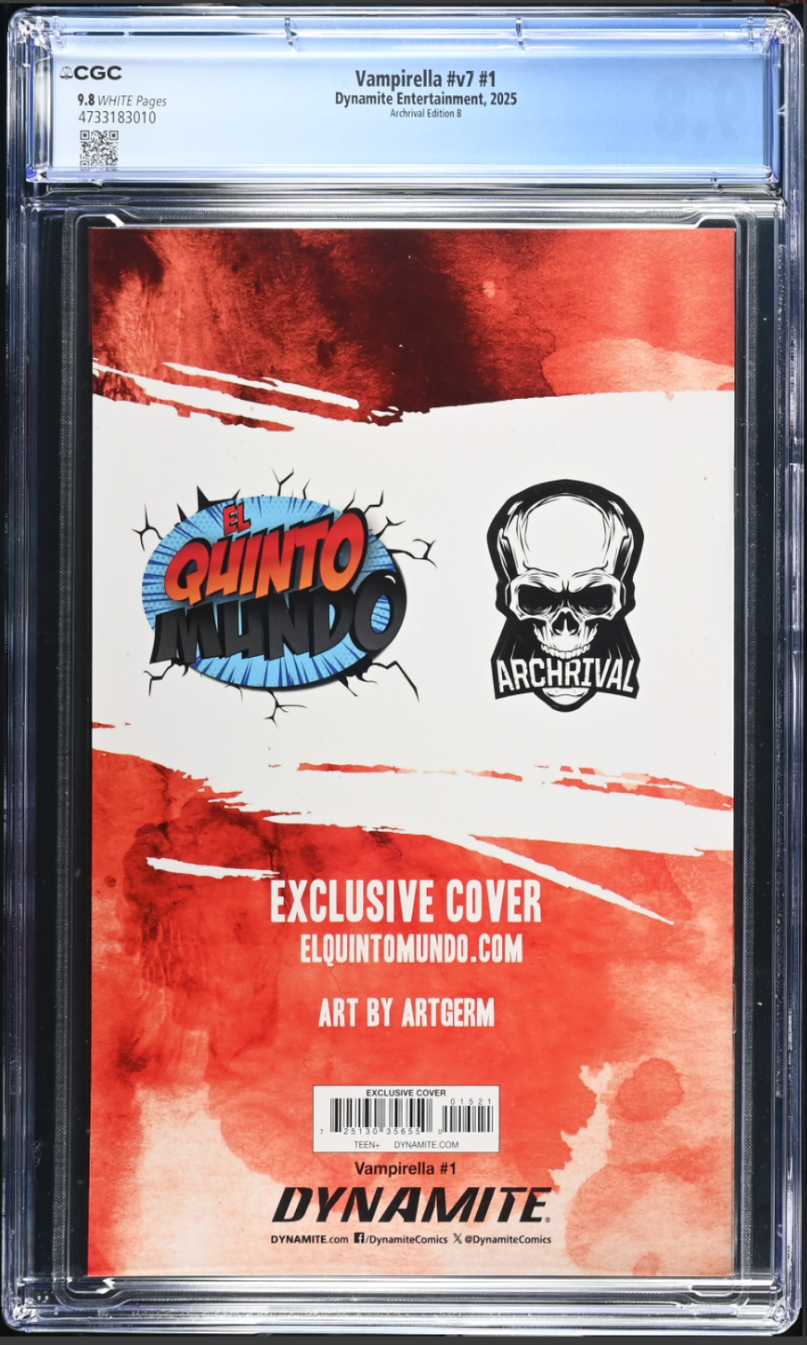 Comic book cover with Quinto Mundo and Archival logos, framed by a CGC holder.