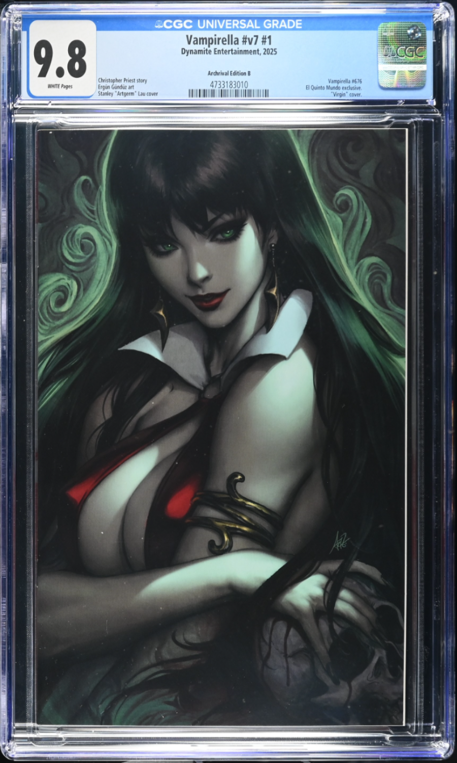 Comic book cover featuring a character with dark hair and red eyes, framed by green leaves, in a CGC protective case.