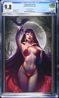 Comic book cover featuring a woman in a red outfit with a bat, in a glass case with a CGC grading label.