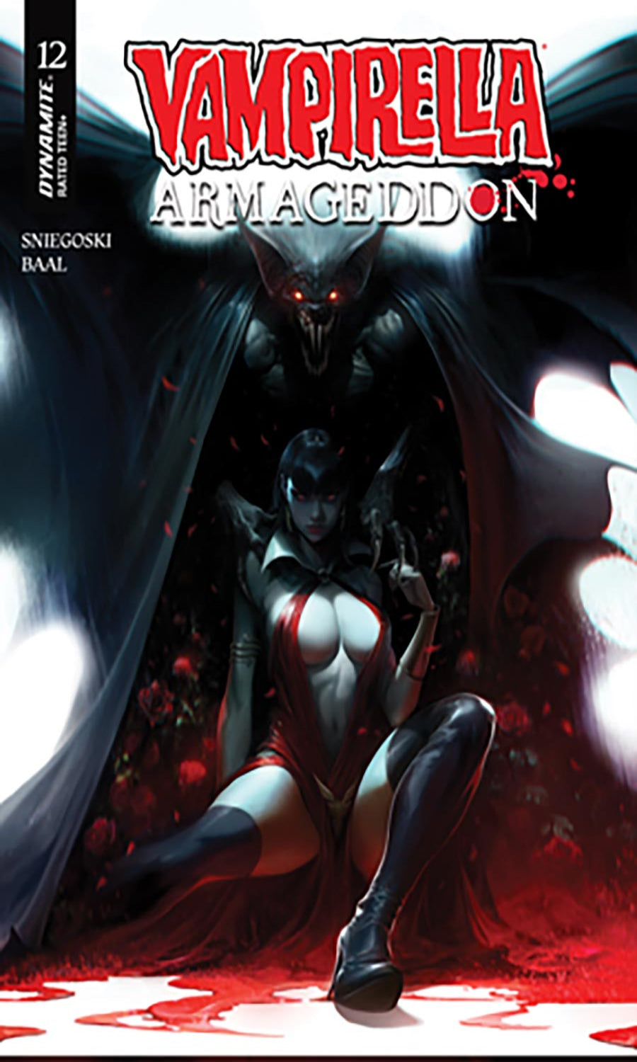 Comic book cover featuring a vampire and a woman in a dark, dramatic setting with red accents.