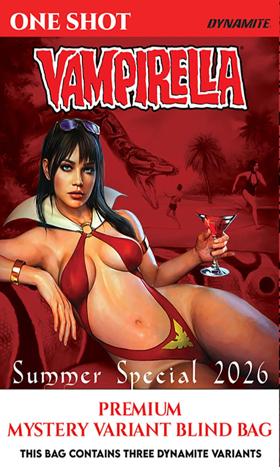 Comic book cover featuring a character in a red outfit with a palm tree and cocktail in the background.