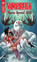Comic book cover featuring a woman in a red outfit sitting on a snowman with antlers, titled 'Vampirella Winter Special 2026'.