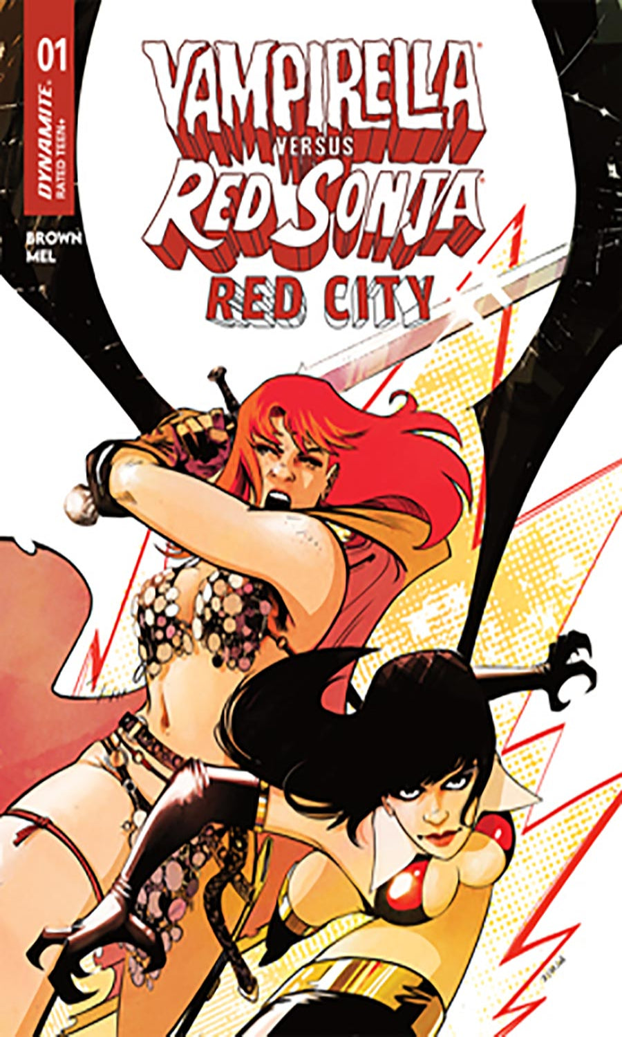 Comic book cover featuring two characters with a dynamic pose, set against a black and white background.