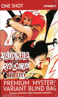 Promotional product graphic for a Dynamite 'Vampirella Versus Red Sonita Red City' premium mystery variant blind bag, featuring illustrated comic-style artwork of two female characters and large product text on a red, white, and yellow background.