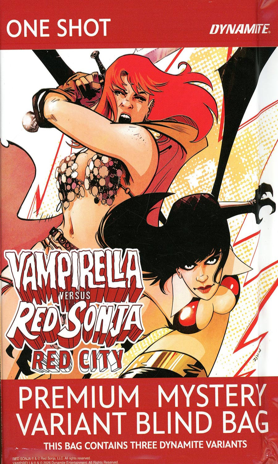 Promotional product graphic for a Dynamite 'Vampirella Versus Red Sonita Red City' premium mystery variant blind bag, featuring illustrated comic-style artwork of two female characters and large product text on a red, white, and yellow background.