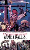 Comic book cover of 'Vampyrates!' with a character on a ship and various creatures.