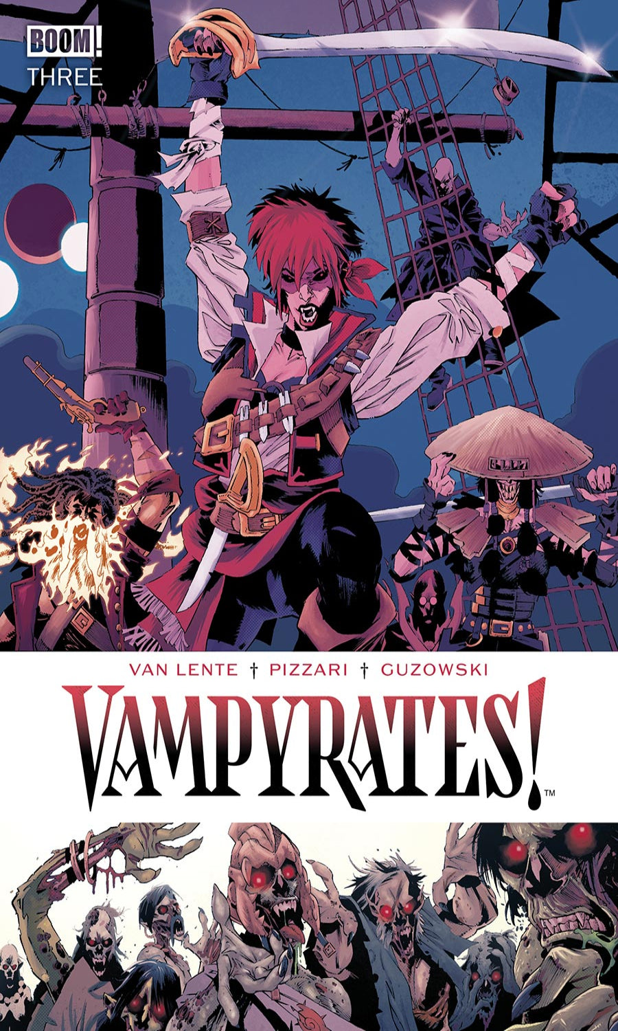 Comic book cover of 'Vampyrates!' with a character on a ship and various creatures.
