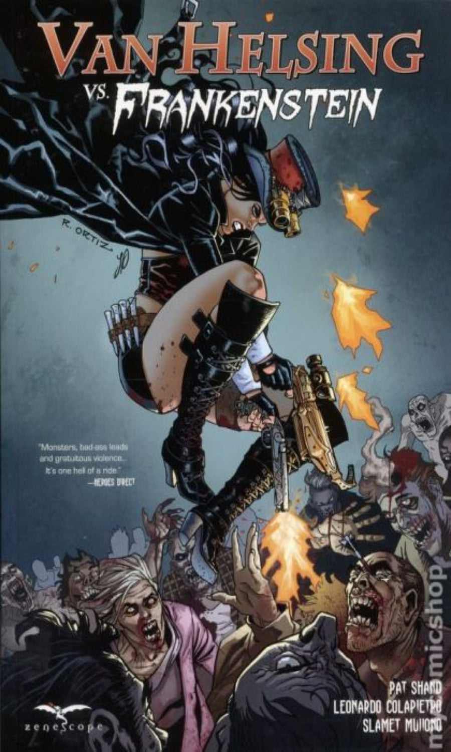 Comic book cover featuring Van Helsing vs. Frankenstein with a dark blue background and dynamic poses.