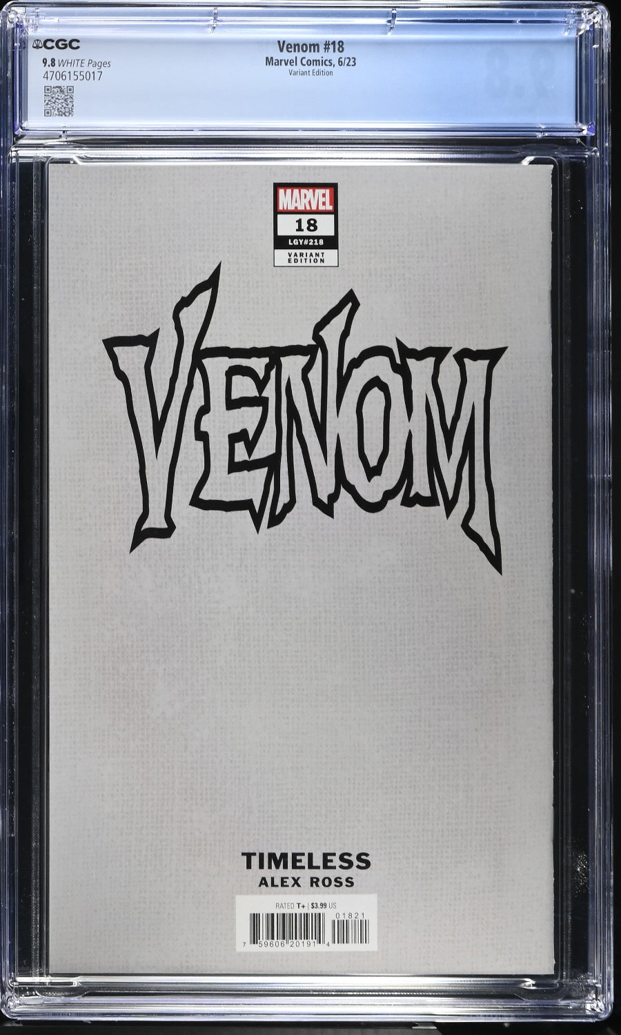 Comic book cover of 'Venom' with 'Timeless' edition by Alex Ross, CGC graded.