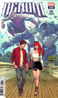 Comic book cover featuring two characters walking on a deck with a superhero in the background.