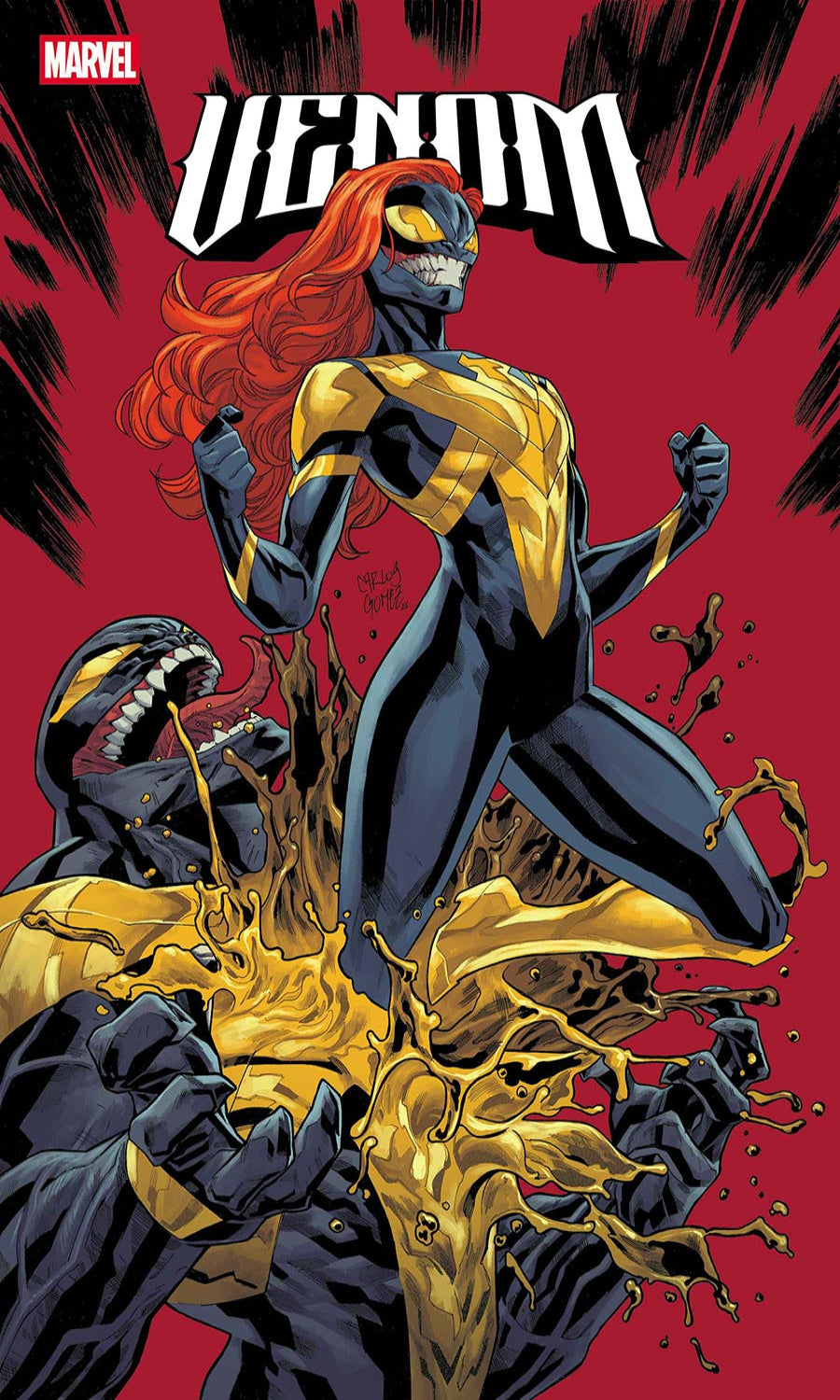 Comic book cover featuring a superhero with red hair and yellow eyes against a red background.