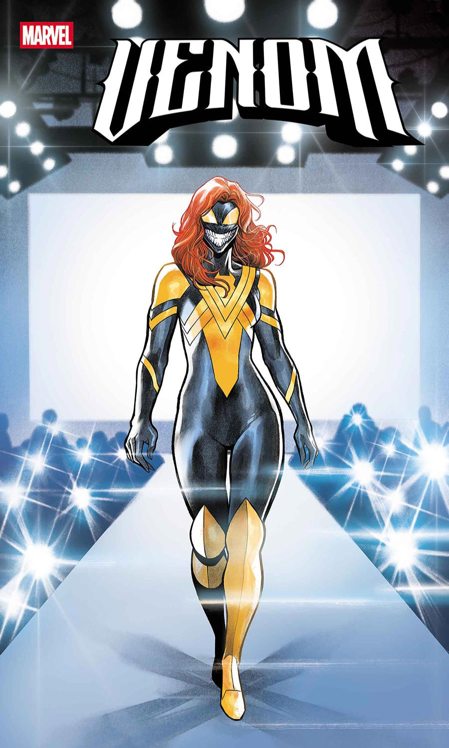 Comic book cover featuring a superhero in a black and yellow suit with 'Venom' branding.