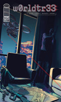 Comic book cover with a cityscape, chair, and character in a room.