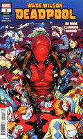 Comic book cover featuring Wade Wilson as Deadpool with a colorful background of clowns and chaos.