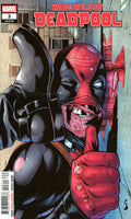 Comic book cover featuring Deadpool with a red and black mask and suit.