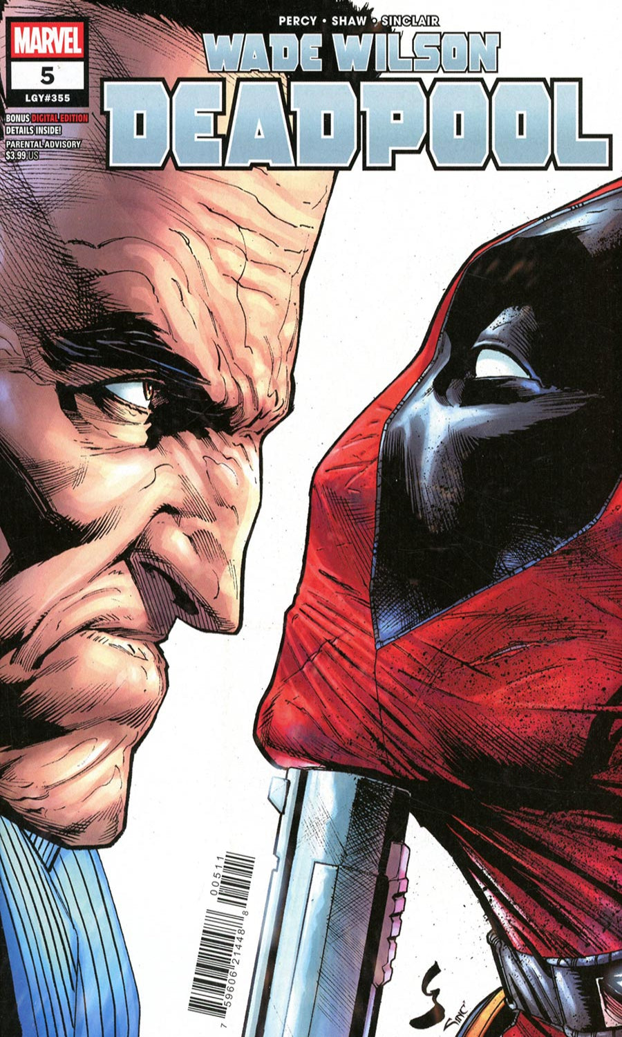 Comic book cover featuring a close-up of a character in a mask and another character's face, with 'Marvel' logo and 'Deadpool' title.