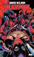 Comic book cover featuring Deadpool with a chaotic scene of multiple characters.