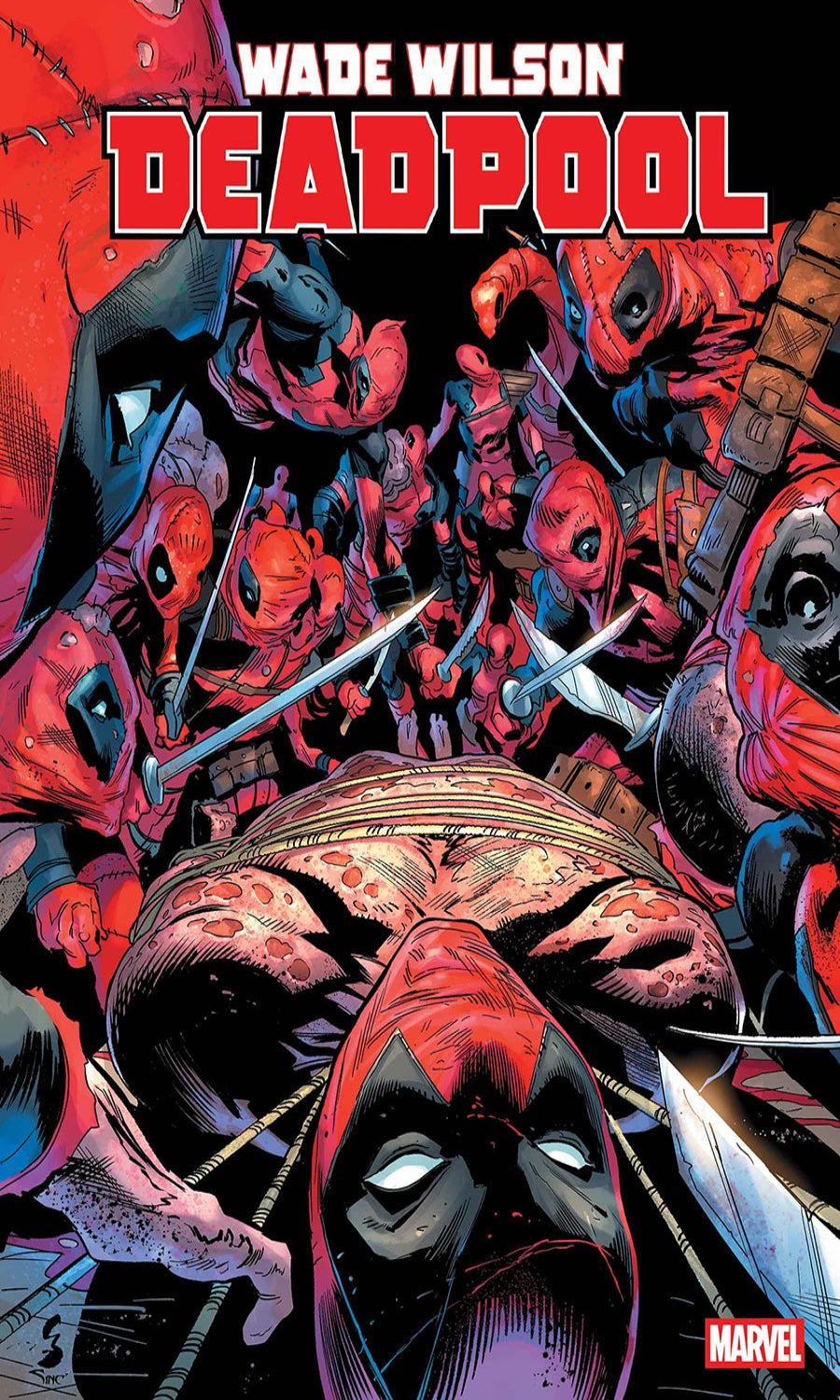 Comic book cover featuring Deadpool with a chaotic scene of multiple characters.