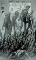Comic book cover of 'The Walking Dead' with zombies and a character on a rocky surface.