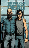Comic book cover of 'The Walking Dead' featuring two characters standing together with a windowed background.