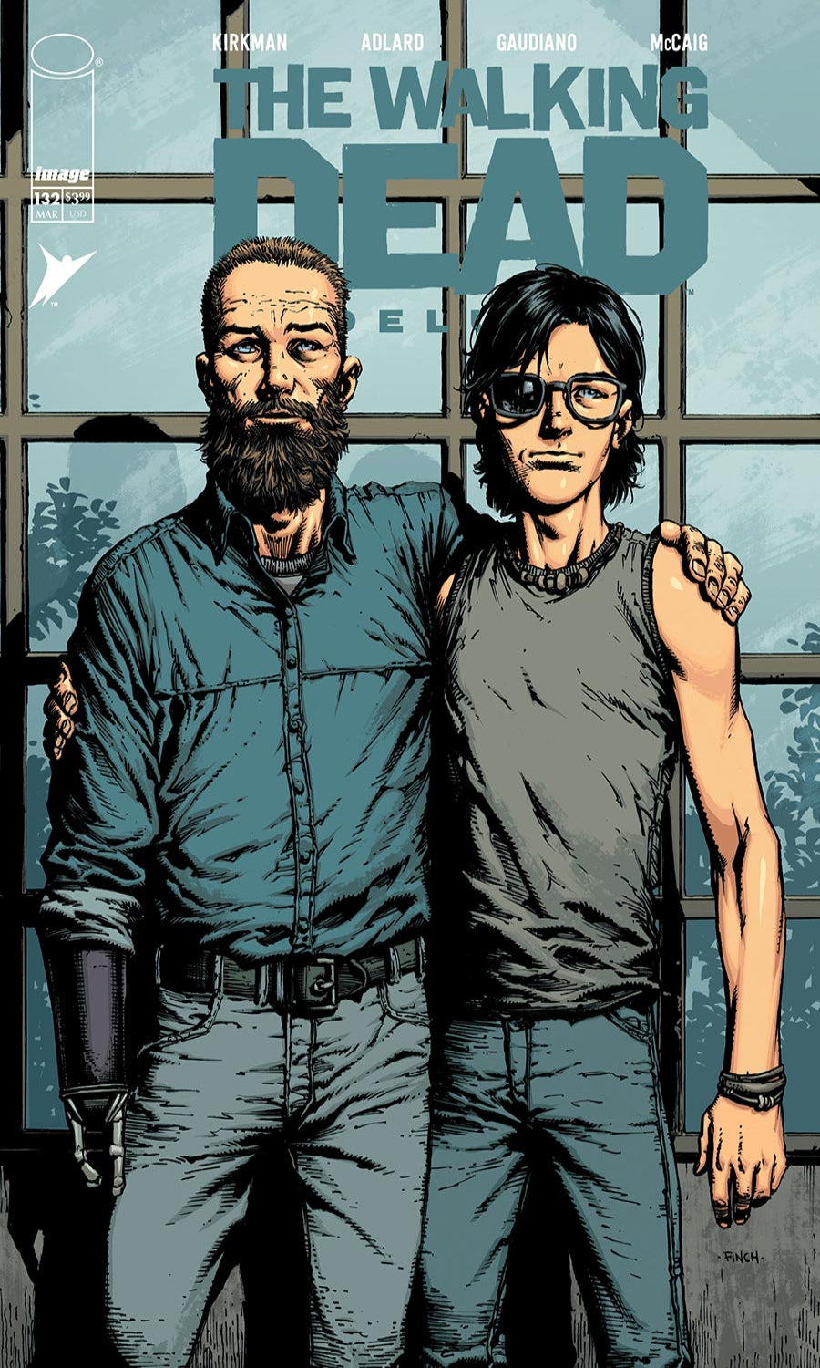 Comic book cover of 'The Walking Dead' featuring two characters standing together with a windowed background.