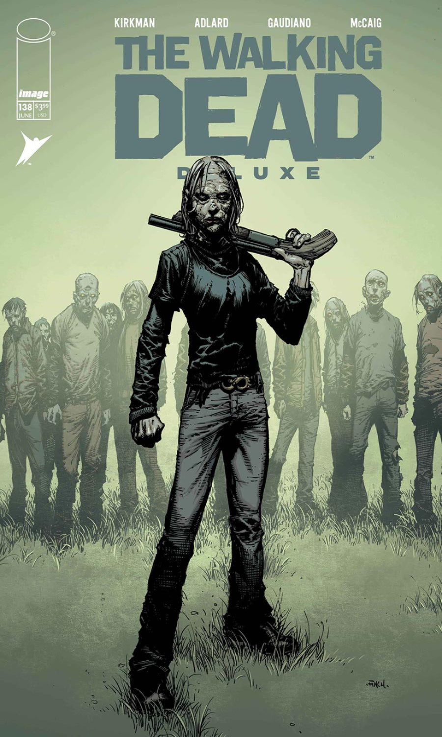 Comic book cover of 'The Walking Dead' with a character holding a weapon and a group of survivors in the background.