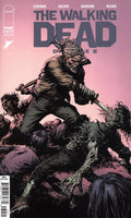 Comic book cover of 'The Walking Dead' with a character fighting zombies on a pink background