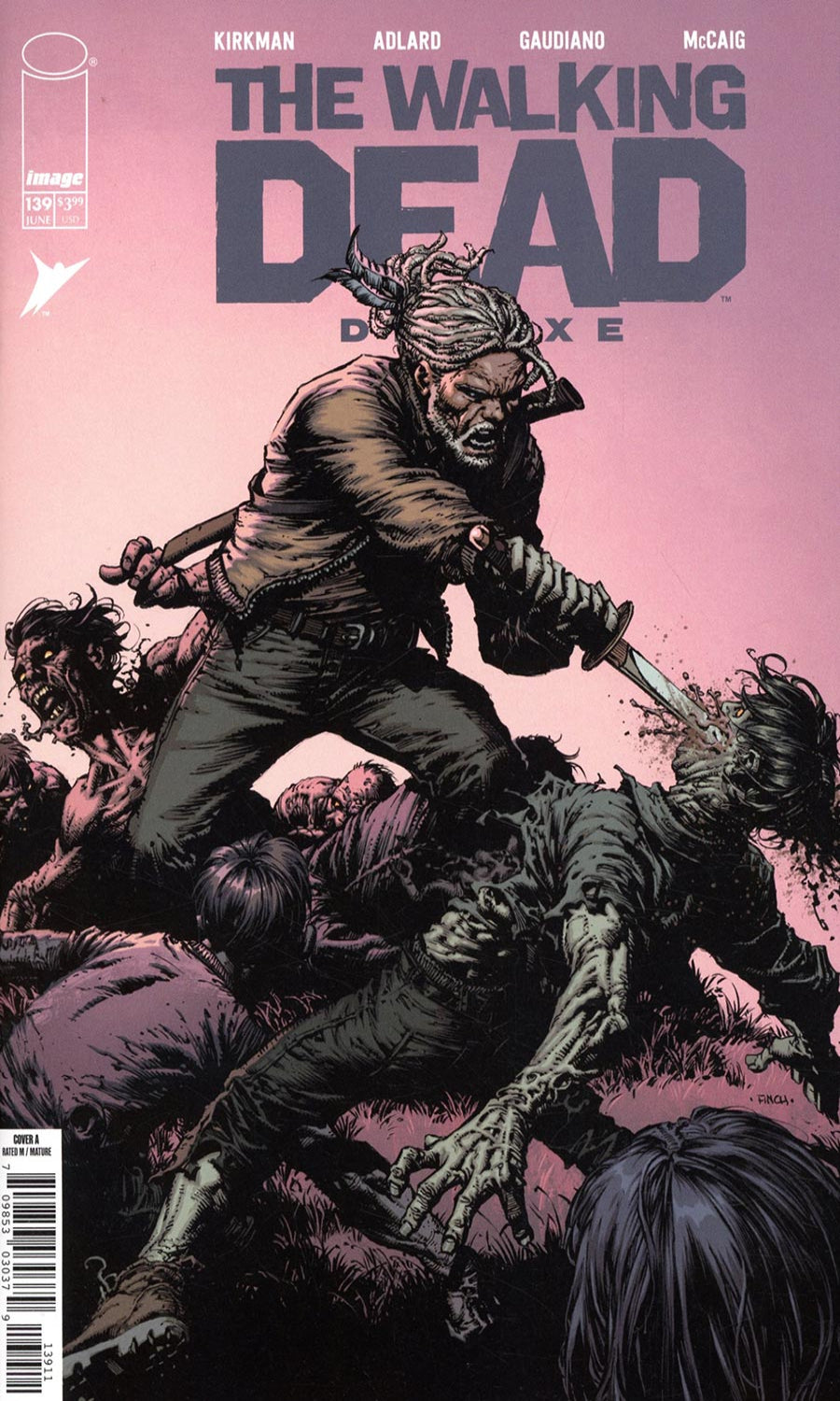 Comic book cover of 'The Walking Dead' with a character fighting zombies on a pink background