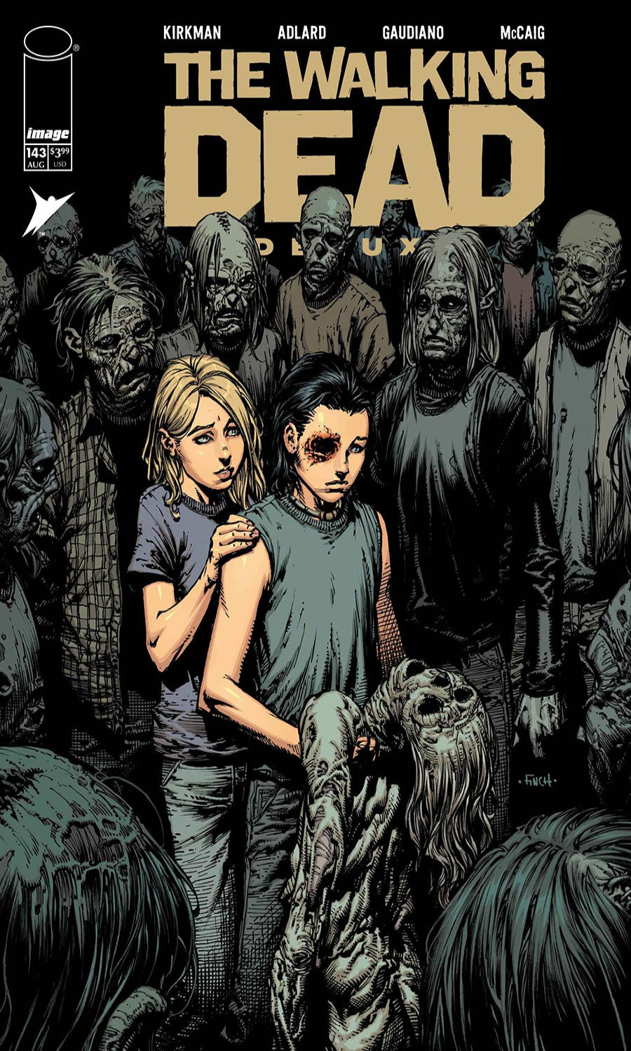 Comic book cover of 'The Walking Dead' with two characters in the center surrounded by zombies.