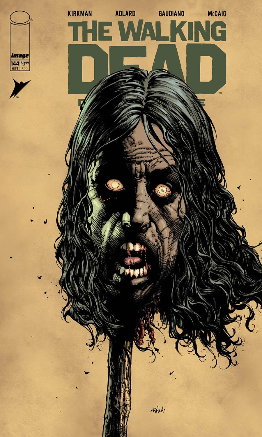 Comic book cover of 'The Walking Dead' with a zombie character on a beige background