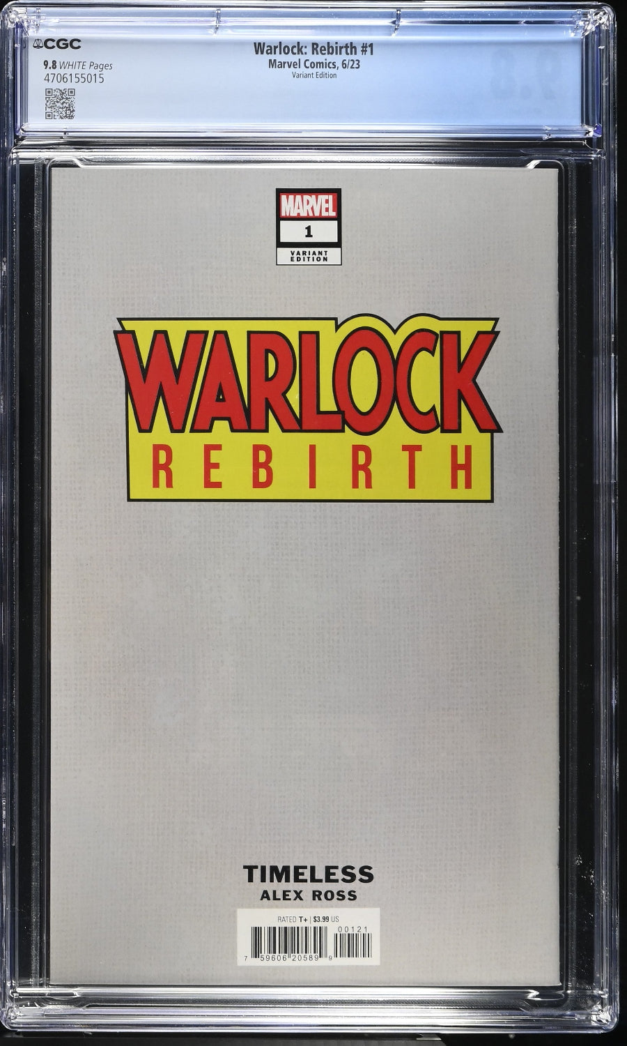 Comic book cover of 'Warlock Rebirth' with Marvel logo, in a clear protective case.