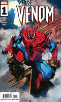 Comic book cover featuring a superhero in a red and blue costume with a cityscape background.