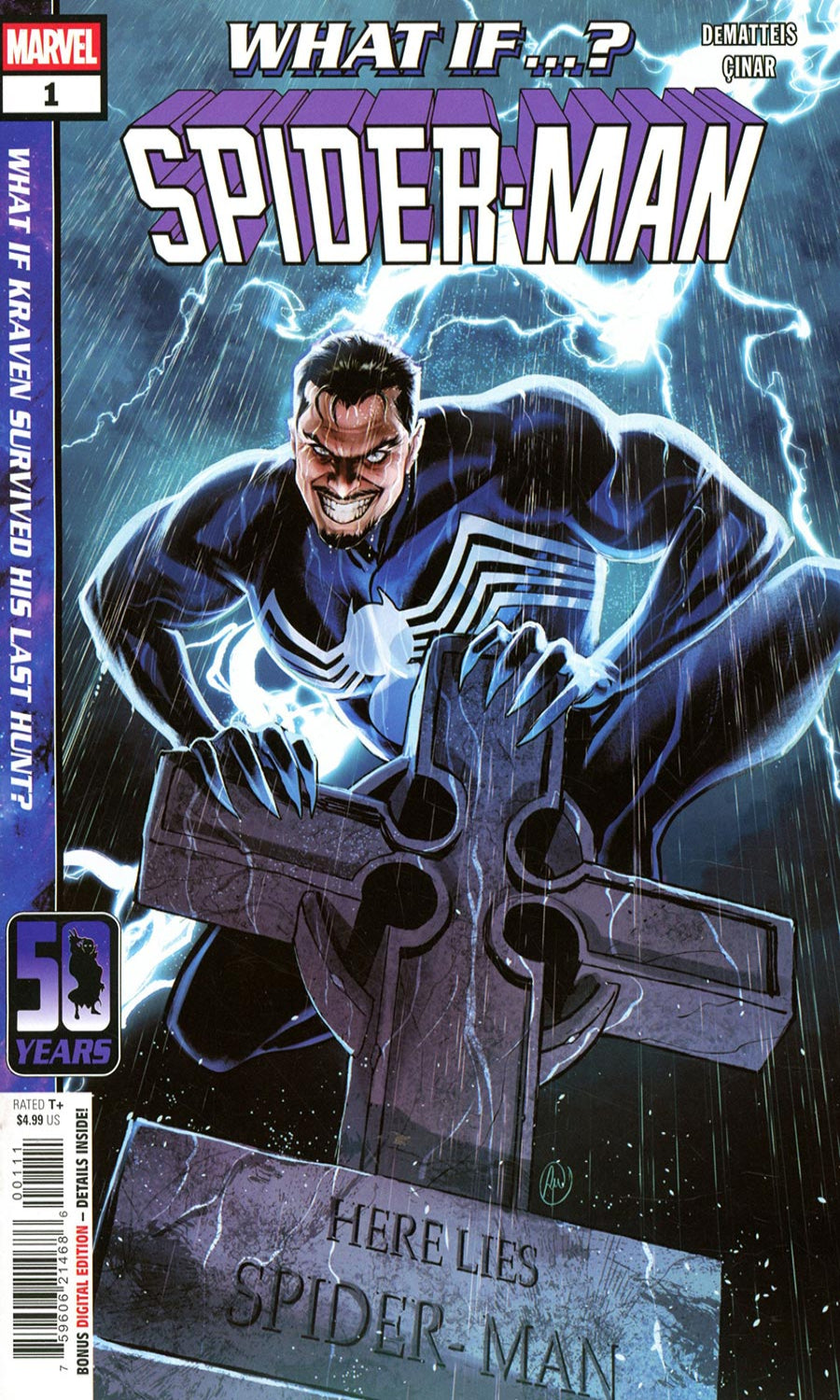 Marvel's Spider-Man comic book cover, issue 1, featuring Venom crouching over a tombstone with lightning around him. The title 'SPIDER-MAN' is large at the top, with 'WHAT IF.