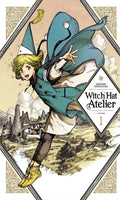 Book cover of 'Witch Hat Atelier' with a character in a blue coat and hat against a scenic background.