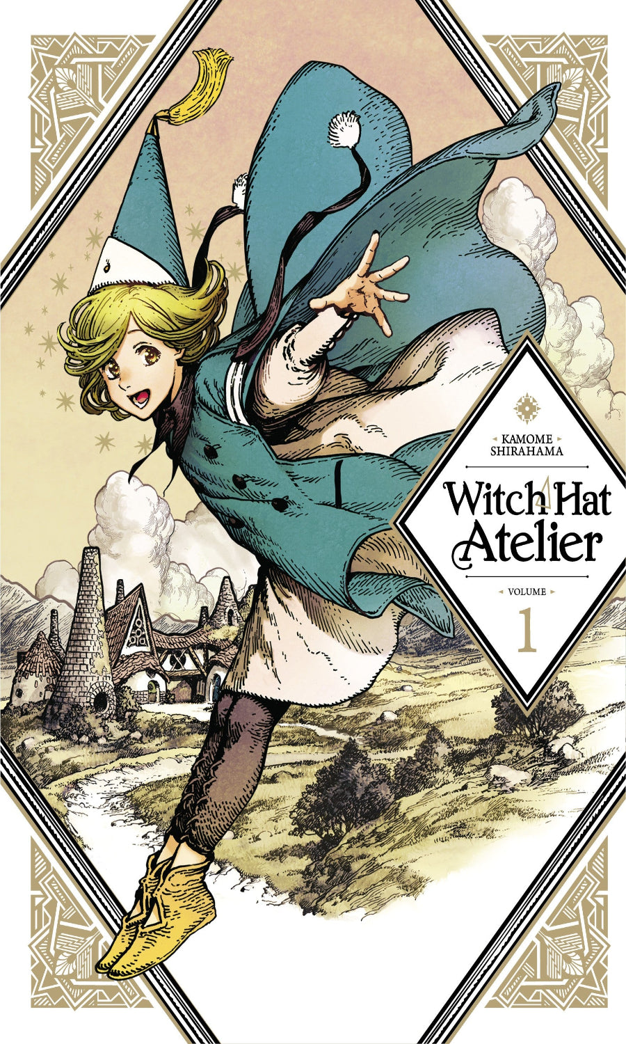 Book cover of 'Witch Hat Atelier' with a character in a blue coat and hat against a scenic background.