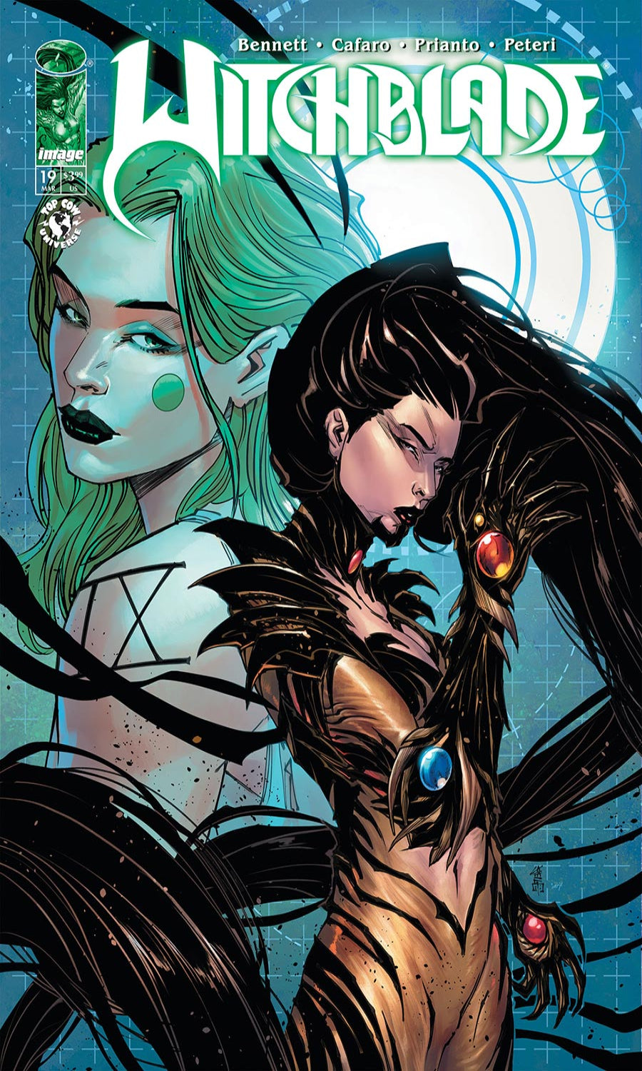 Comic book cover featuring two characters with a blue and black background