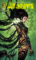 Comic book cover featuring a character with mechanical elements and green background