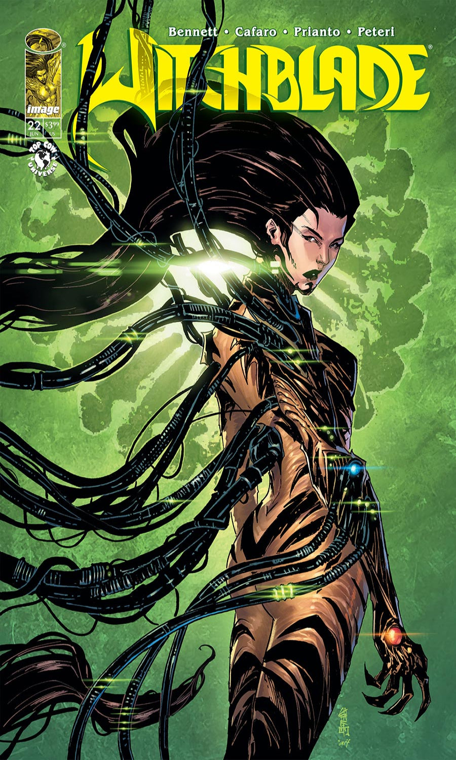 Comic book cover featuring a character with mechanical elements and green background