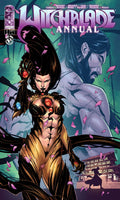 Comic book cover of 'Witchblade Annual' featuring a woman in a revealing outfit with a man in the background.