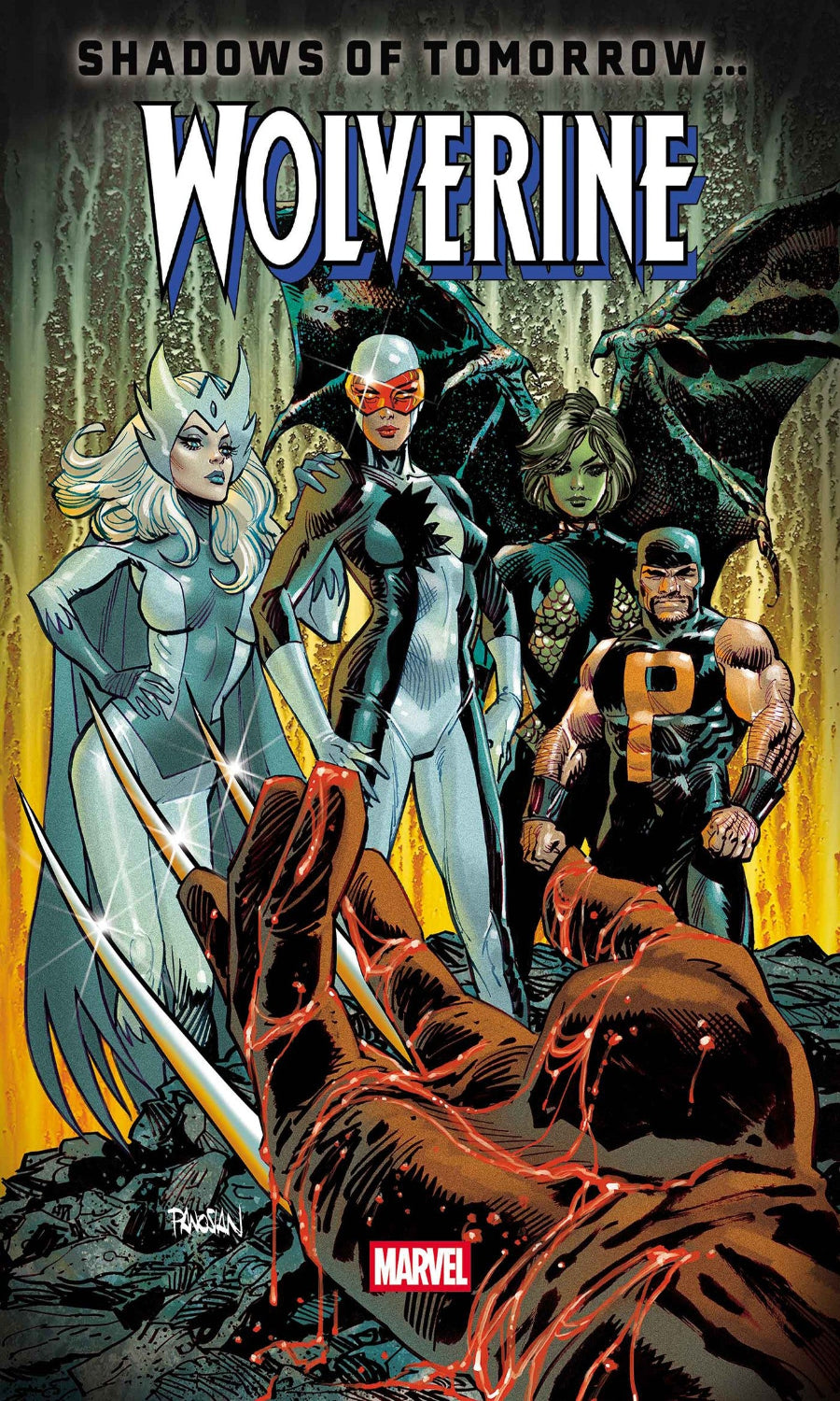Comic book cover featuring a group of characters with a dark, dramatic background.
