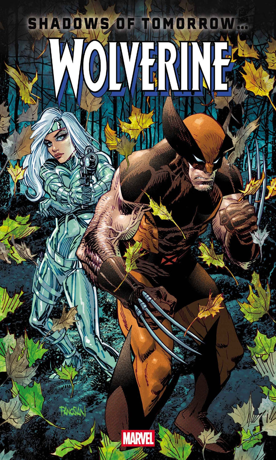 Comic book cover featuring Wolverine and a woman with white hair in a forest setting.
