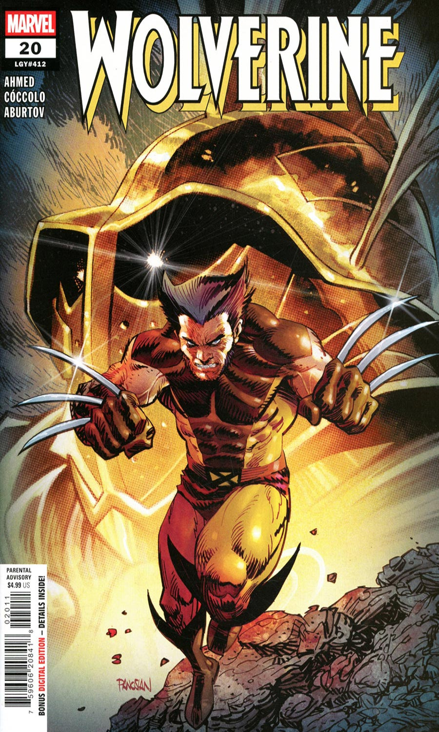 Comic book cover featuring Wolverine in a dynamic pose with a gold and red costume.