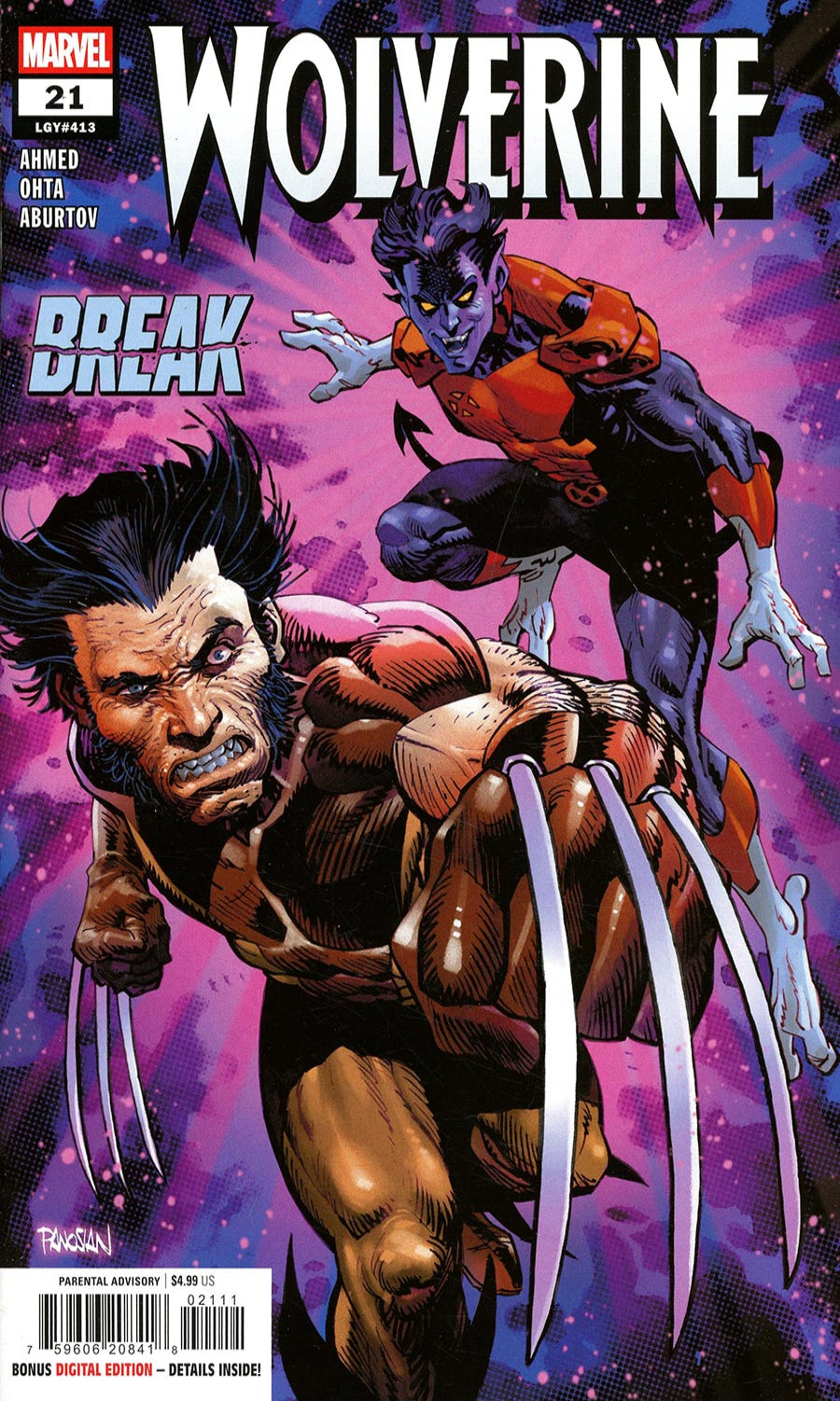 Comic book cover featuring Wolverine with a purple and pink background