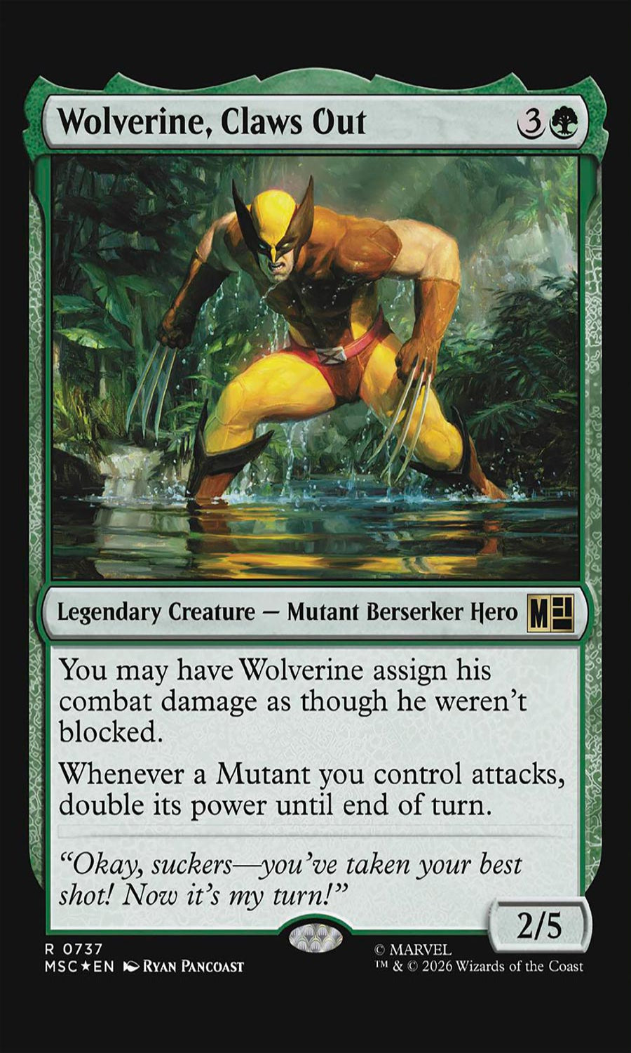 Trading card featuring Wolverine in a jungle setting with game text and artwork.