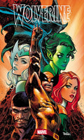 Comic book cover art for Wolverine featuring multiple Marvel characters including Kitty Pryde, Scarlet Witch, Black Panther, and others in a dramatic illustrated composition with the title WOLVERINE at the top and a Marvel logo at the bottom.